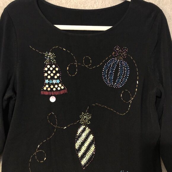Black Slinky Knit Beaded Shirt Christmas Balls Ornaments Long Sleeve Size Medium - Picture 6 of 16